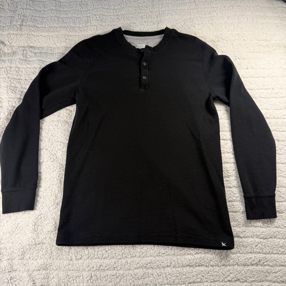 Eddie Bauer Mens Tall Large Black Waffle Knit Henley Long Sleeve Shirt TL 3834